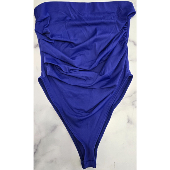 Zara Womens Strapless Bodysuit One Piece Small Cobalt Blue Ruched Sexy Beach - Picture 1 of 8